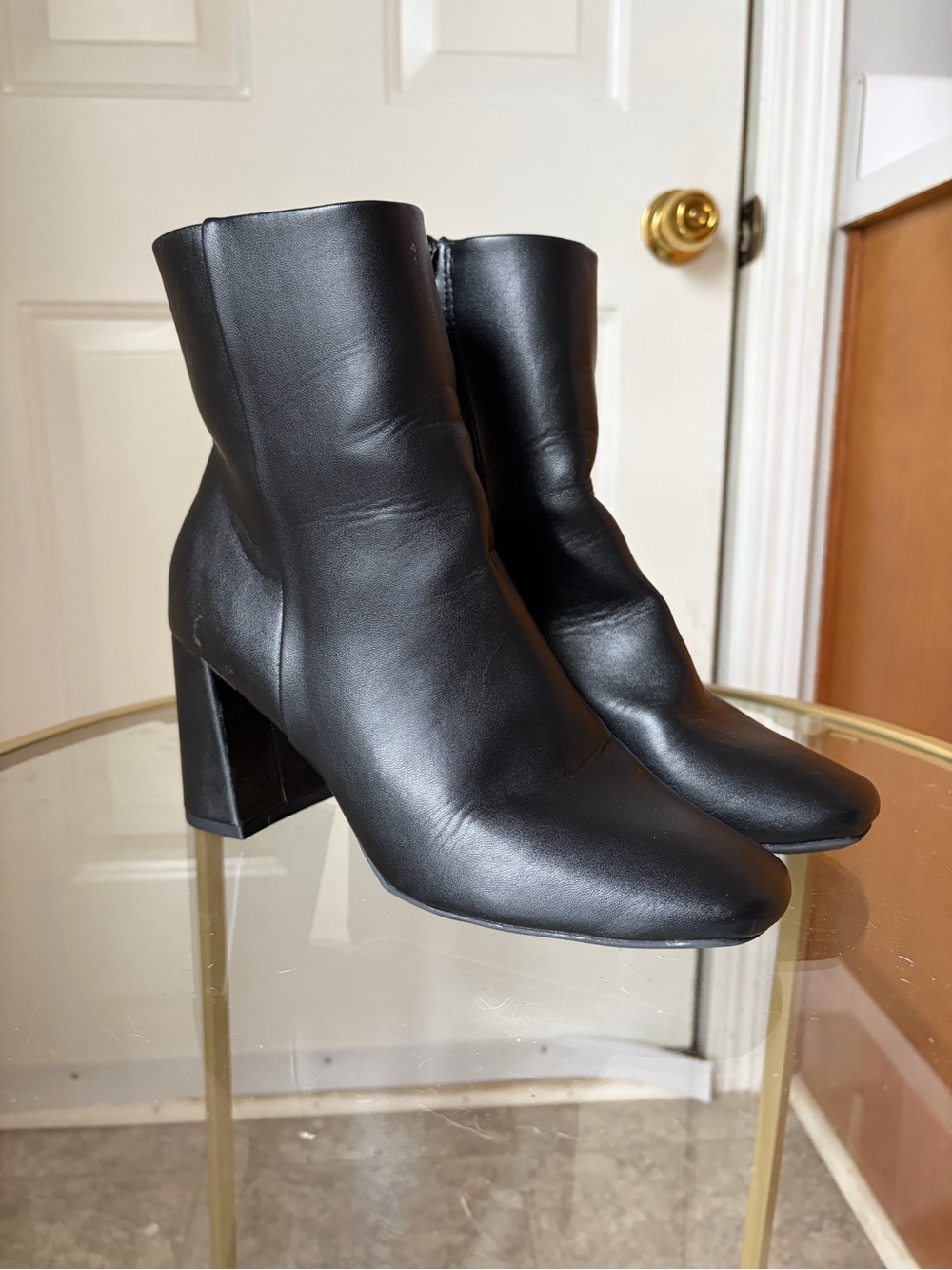 Sugar Black Leather Block Heel Ankle Boots